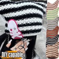 【YD】 Beanie Hat Ins Little Striped Knitted Wool Cap and Ears Pointed Pullover Womens