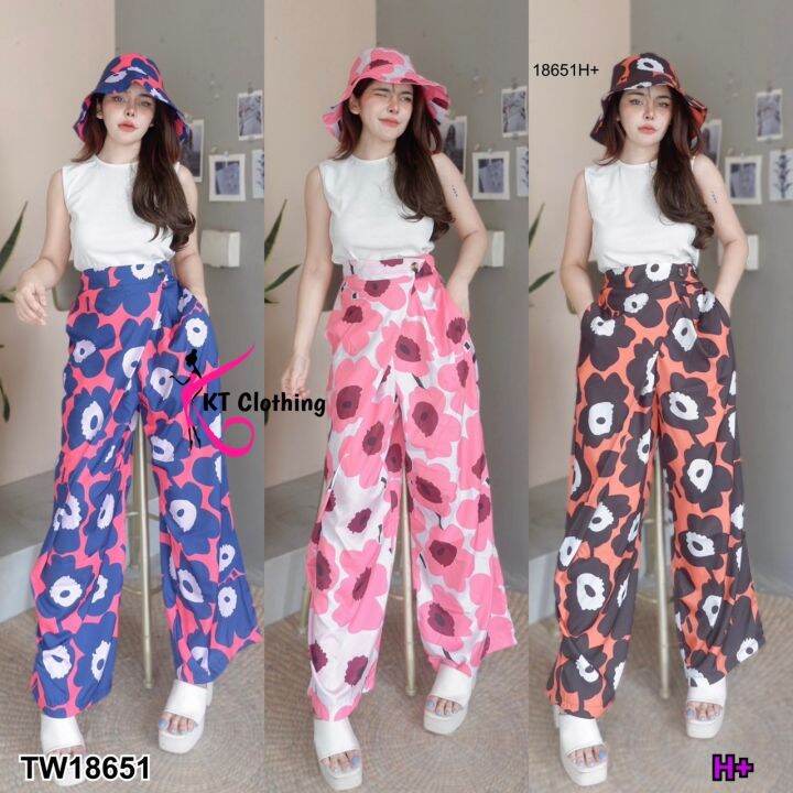 tw18651-set-3-ชิ้น-เสื้อกล้าม-กางเกงขายาวลายดอกไม้-แต่งทรงป้าย-หมวกบัคเก็ต