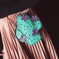 Creative Green Cactus Plant Shoulder Bags Fashion Embroidery Flower Mini Chains Crossbody Bags Mobile Phone Purse