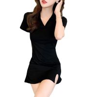 ผู้หญิงแขนสั้น Bodycon Dress Wrap Slim Fit Party Dress ชุดลำลองสั้นเซ็กซี่ V คอ Dress ฤดูร้อนสีดำ Dress