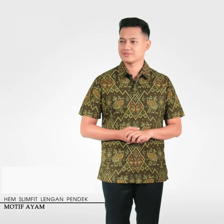 เสื้อยืดสัญลักษณ์แขนสั้นผ้าบาติกอินโดนีเซียสำหรับผู้ชาย