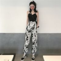 Hip Hop Streetwear Mens Splice Comics Printed Pants Fashion Casual Cargo Pant Trousers High Street Elastic Waist Harem Pant