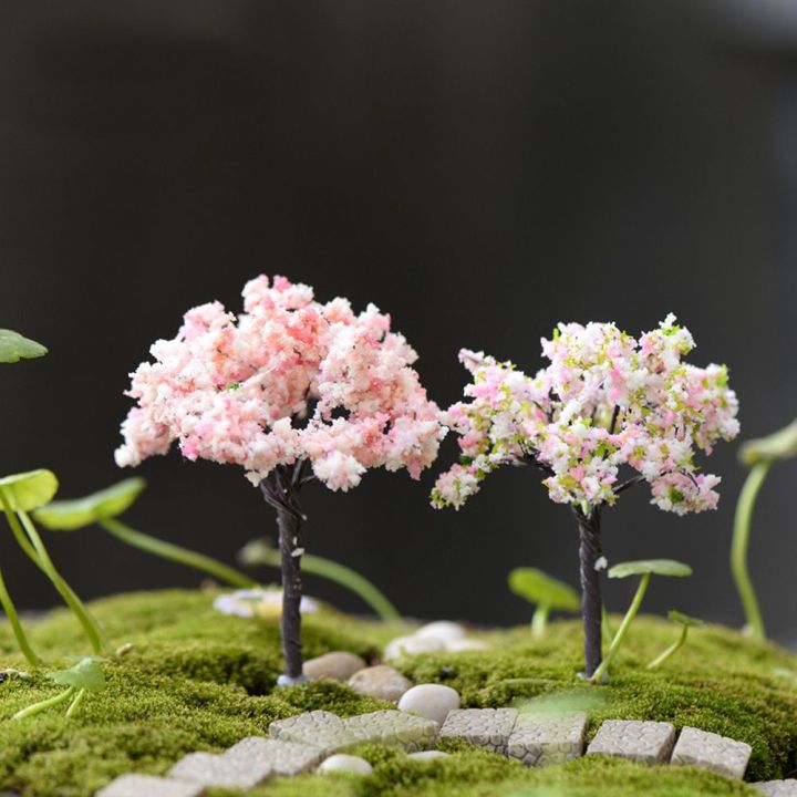 2ชิ้นซากุระประดิษฐ์ขนาดเล็กต้นไม้จำลองโต๊ะสำนักงานดอกไม้ปลอมกระถางประดับบ้านอุปกรณ์ตกแต่งสวนพลาสติก