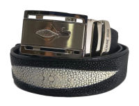 เข็มขัดผู้ขาย Genuine Stingray Mens Belt หนังปลากระเบนแท้ 100% หัวเข็มขัดเป็นแบบล๊อคอัตโนมัติ สีดำ