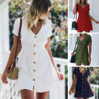 Women Dress 2021 SpringSummer Pure Color Single-Breasted V-Neck Dress robe Female Casual Holiday Mini Dress vestido