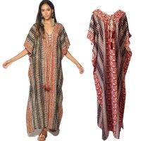 India Kaftan Dress V-Neck Lace Up Ethnic Traditional Patter Print Maxi Caftan Batwing Short Sleeve Beach Cover Up Morocco Tunics