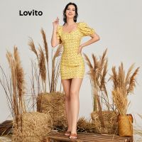 Lovito Boho Vintage Puff Sleeve Fashion Color Dress L14E006 (Yellow)