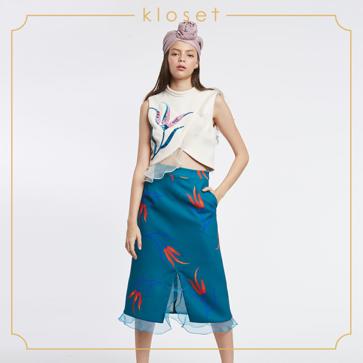 kloset-printed-draped-skirt-aw18-s004-เสื้อผ้าแฟชั่น-เสื้อผ้าผู้หญิง-กระโปรงแฟชั่น-กระโปรงทรงเอ-กระโปรงพิมพ์ลาย