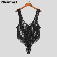 INCERUN Men y Mesh See Through Striped Sleeveless Skinny Pajama Jumpsuit