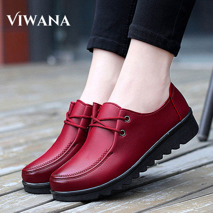 VIWANA Women Shoes Korean Style Leather Lace Up Flat Shoes For Women