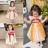 CNY Baby Girls Hanfu Dress Summer Chinese Style New Year Short-sleeved Children Summer Retro Floral Costume Ancient Dress