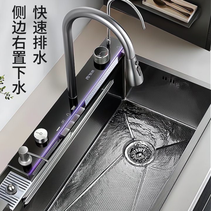 Stainless Steel Sus Grade Handmade Undermount Kitchen Waterfall Sink With Pull Tap Nano