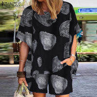 ﹉☞❉ ZANZEA Women Summer Loose Printed 2PCS Set O-Neck Tee Shirt Elastic Waist Shorts