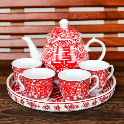 Chinese wedding teapot teacup red tea pot cup bowl set ceramic teaware creative joy bride gift dowry marriage celebration