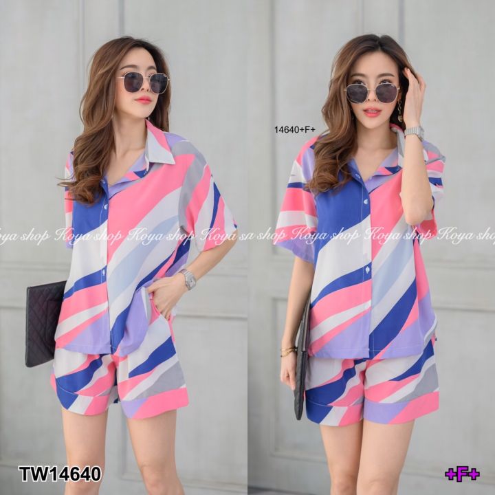 tw14640-เซตเสื้อเชิ้ตแขนสั้น-กางเกงขาสั้นลายกราฟฟิก