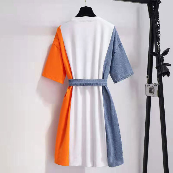 xiang-nian-ni-ชุดเดรสเสื้อยืดสตรีชุดเดรสแขนสั้นคอกลมกระโปรงผ้ายีนส์