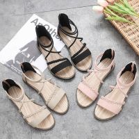 COD DSGRTYRTUTYIY Flat Sandals Female Sole New Style Summer Influencer Student One-Word Strap Korean Version Fairy Roman Lace-Up Beach Shoes