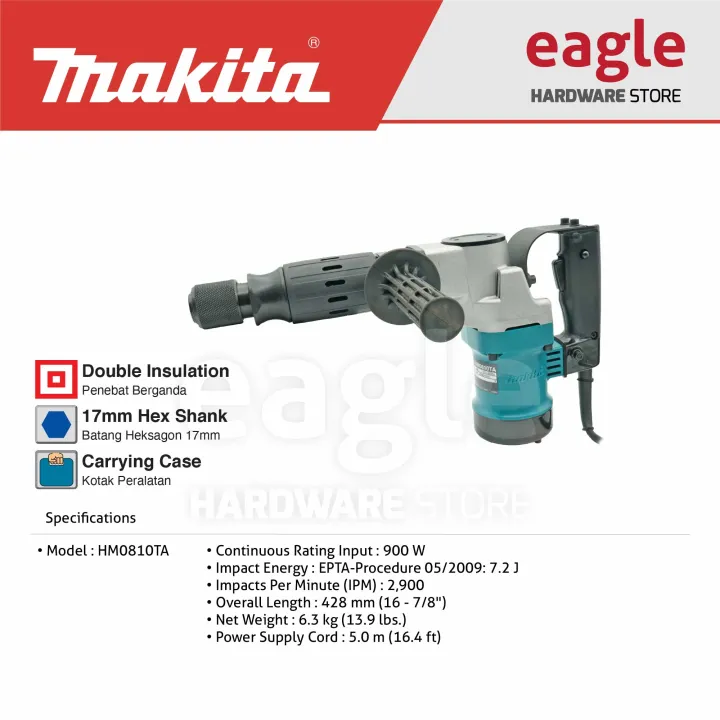 Makita Hm0810ta 17mm 11 16 900w Hex Shank Demolition Hammer Hm0810 Lazada