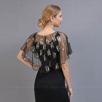 Apricot 1920S ผ้าคลุมไหล่เลื่อมลูกปัด Cape Wrap Art Deco เลื่อมลูกปัดชุดราตรี Bolero Flapper Cover Up