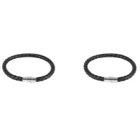 2X Stainless Steel Leather Bracelet, Braided Leather Bracelet, for Men Women, Black - Width 6mm - Length 21.5cm