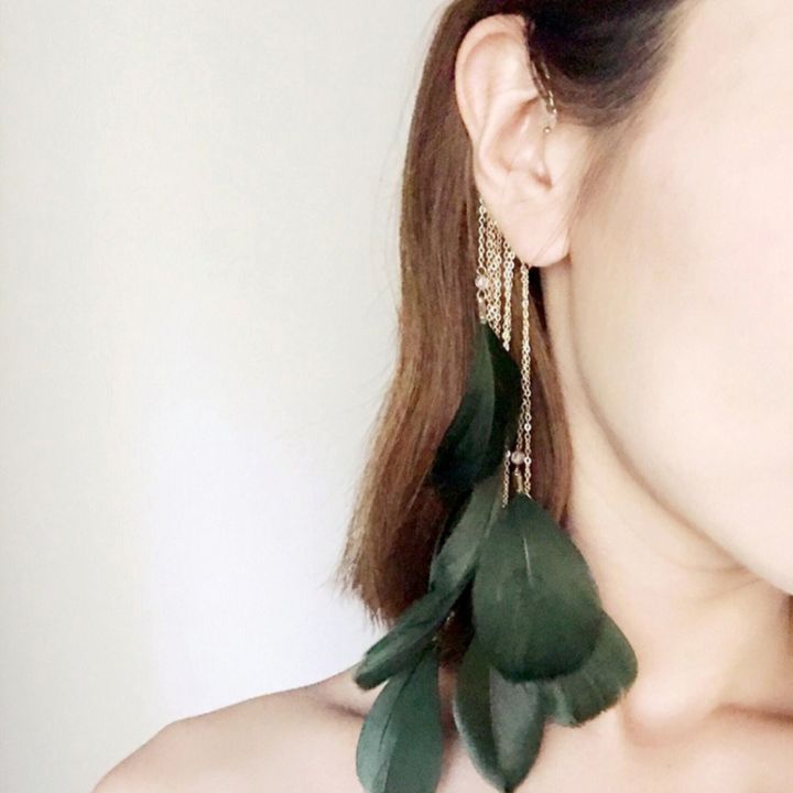 boho-สีเขียวขนนกธรรมชาติห่วงห้อยต่องแต่ง-earrings-ต่างหูไม่มีต่างหูแบบเกาะผู้หญิง