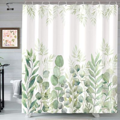 Green and White Shower Curtain Fabric Bath Curtains for Bathroom Accessories Plant Leaves Shower Curtain Sets with 12 Hooks
