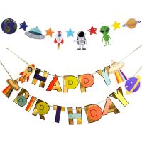 Happy birthday in space bunting space theme birthday party decoration hanging flag scene layout baby shower