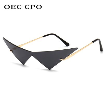 OEC CPO ตาแมวขนาดใหญ่แว่นตากันแดดแว่นตากันแดดไร้ขอบเลนส์หนึ่งชิ้นแฟชั่นสำหรับผู้หญิงเทรนด์ผู้หญิงแว่นตาสามเหลี่ยม UV400ผู้ชาย