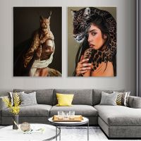 Court Cat และ Ian Woman ภาพวาดผ้าใบ-บทคัดย่อ Animal Portrait โปสเตอร์และพิมพ์-Vintage Wall Picture - Perfect Living Room Home Decor