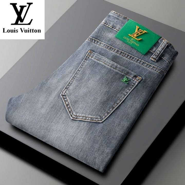 louis-vuittons-กางเกงยีนส์ผู้ชายกางเกงยีนส์ลำลองสีฟ้าทรงตรงยี่ห้อ-lv