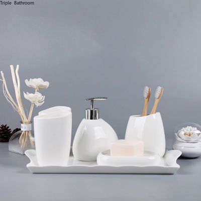 WSHYUFEI Pure white ceramics Bathroom Accessories Set Soap Dispenser Toothbrush Holder Cotton swab box Bathroom Wash Products