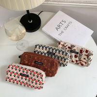 【LuckShops】BEAUTYBIGBANG Korean Fashion Pencil Case Corduroy Plaid&amp;Flowers Makeup Bag Lipsticks Bag Women Small Cosmetic Bag