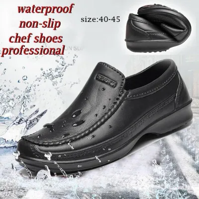 High Quality Men Slippers Non-slip Waterproof Oil-proof Kitchen Shoes Comfortable Daily Work Shoes Mens Chef Slip-On Shoes Comfortable Leather Shoes Master Hotel Restaurant PNEK