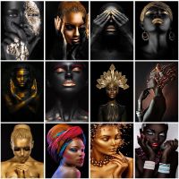 African Art Black Gold Woman ภาพวาดผ้าใบโปสเตอร์และพิมพ์ Scandinavian Wall Art รูปภาพสำหรับตกแต่งห้องนั่งเล่น Cuadros New