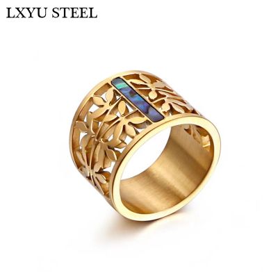 [MM75] ใหม่แหวนสแตนเลสสำหรับผู้หญิงแฟชั่นกลวงสาขาดอกไม้สีทองแหวน Mujer Bague พรรคเครื่องประดับ
