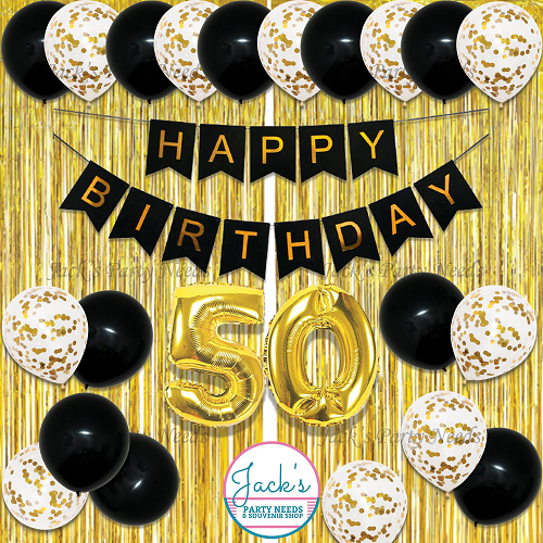 Gold Black Happy 50th Birthday party decoration Gold Black Themed Party Decoration for 50th birthday celebration sold by Jack's Party Needs