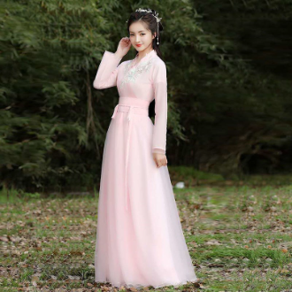 ชุดการแสดงระบำดั้งเดิมหญิง Hanfu สีชมพูสไตล์จีนโบราณรุ่นปรับปรุงชุดฟะ