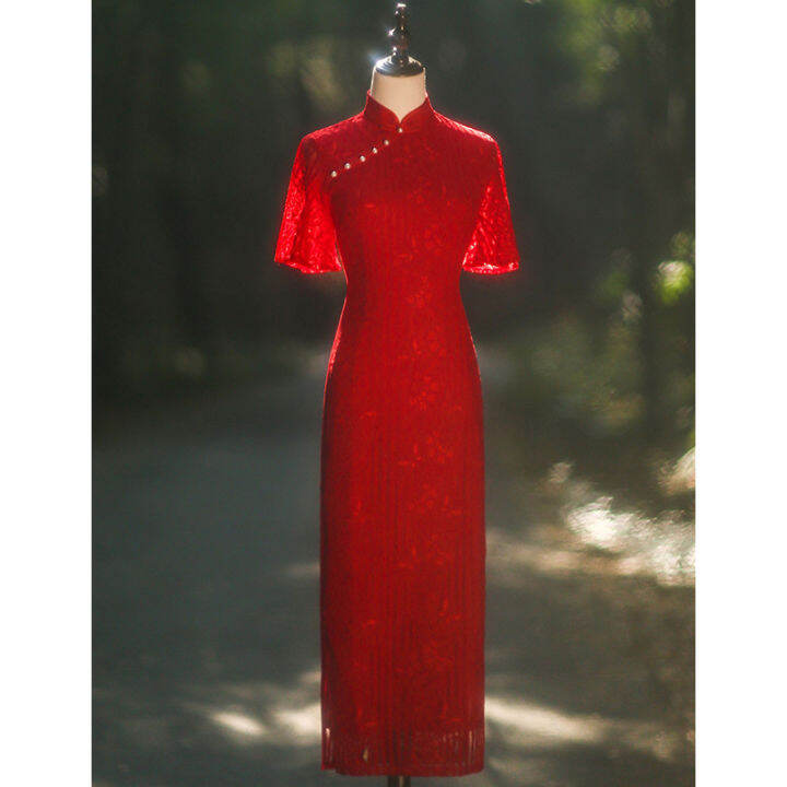 burgundy-lace-cheongsam-toast-dress-แต่งงานรุ่นปรับปรุงสาวมักจะใส่ได้2022