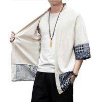 แจ็กเก็ตเสื้อฤดูร้อนแบบลำลองแขน3/4ผ้าฝ้ายลินินแบบหลวมเสื้อคาร์ดิแกน Kimono ญี่ปุ่นเปิดหน้าสำหรับผู้ชาย A1c-40