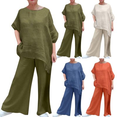 ชุดสีทึบ2ชิ้นสำหรับผู้หญิง,ชุดเสื้อผ้าสองชิ้นกางเกงขาม้าสูทแขนยาวลำลองขนาดใหญ่เสื้อผ้าฝ้ายและผ้าลินินชุดทักซิโด้สตรี