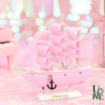 UoneHome พร้อมส่ง ♥ H088 ของแต่งบ้าน โมเดลเรือใบมีไฟ  วัสดุไม้ สีชมพู หลายขนาดให้เลือก สำหรับตกแต่งบ้าน ห้องนั่งเล่น ของขวัญ