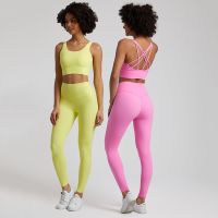 【YD】 2 Piece Buttery Soft Set Sportswear Workout Outfit Gym Clothing Strappy Waist Leggings Suits