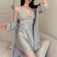 V Neck Sleepdress Kimono Gown Twinset Robe Set Women Lace Patchwork Nightgown Bathrobe Summer Lounge Wear Sexy Nightdress