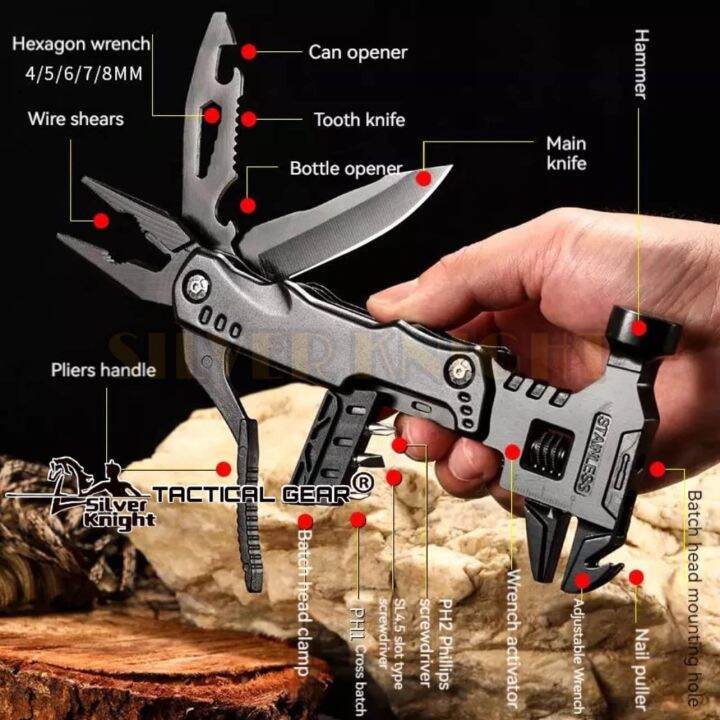 SILVER KNIGHT 16 in 1 Outdoor Adjustable Wrench Hammer Tools Stainless Steel Multifunctional