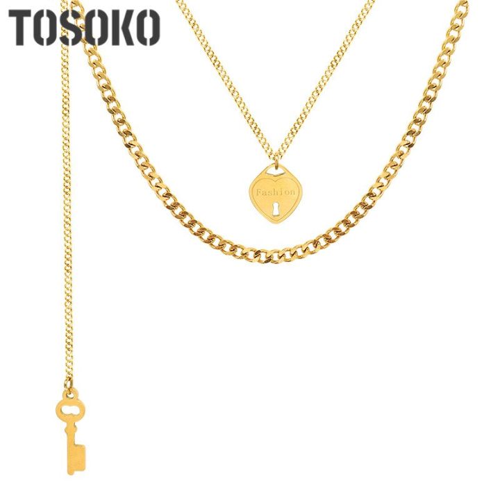 tosoko-เครื่องประดับสแตนเลสพวงกุญแจพู่ยาวมากลูกพีชล็อคหัวใจซ้อนกันสองชั้นสร้อยคอแฟชั่นของผู้หญิง-p1021โซ่