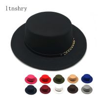 Women Men Wool Fedora Hat With Gold chain Ribbon Gentleman Elegant Lady Winter Autumn Wide Brim Jazz Church Panama Top hat