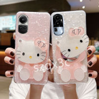 เคสโทรศัพท์แฟชั่นสำหรับ OPPO Reno10 Pro + Reno 10 Pro Plus 5G 2023เคสนิ่มลายแมวน่ารักแต่งหน้ากระจกตกแต่งสีชมพูสีขาว