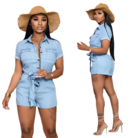 Women Jumpsuit Buttons Up Denim Bodysuit Turn Down Neck Short Sleeve Romper Bandage Short Overalls Pockets Thin Light