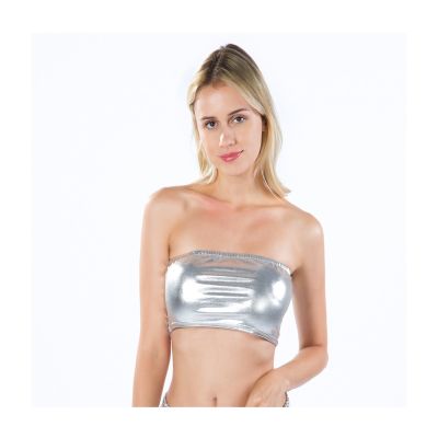 ✲❀ party bar Strapless Camis Ruched Elastic Boob Bandeau Tube Breast Wrap silver gold Crop