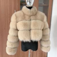 Womens real fox fur short coat with stand-up collar winter woman natural fur jacket high waist style and raccoon fur coat luxur